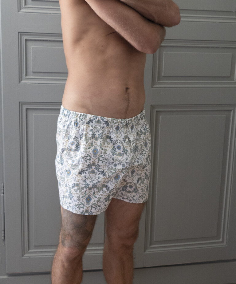 Fleurs Pois & Cie - Caleçon coupe anglaise 100% coton made in France - Blanc/vert foncé/vert clair/Bleu ciel