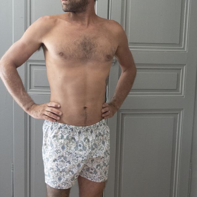 Fleurs Pois & Cie - Caleçon coupe anglaise 100% coton made in France - Blanc/vert foncé/vert clair/Bleu ciel