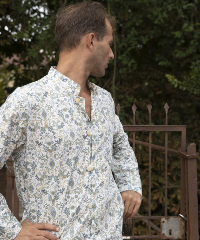 Fleurs Pois & Cie - Chemise ou veste pour homme ? - Blanc/vert foncé/vert clair/Bleu ciel