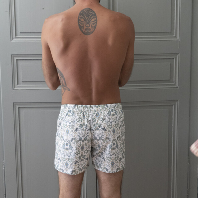 Fleurs Pois & Cie - Caleçon 100% coton coupe américaine  made in France. - Blanc/vert foncé/vert clair/Bleu ciel