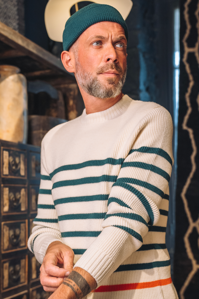 Cézembre - Pull rayé en laine - CHEVRETS - Écru-sapin / XL