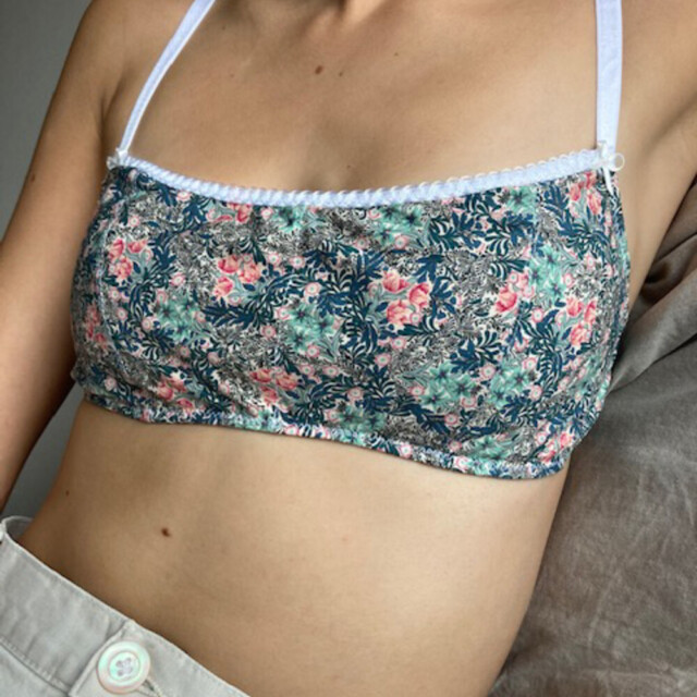 Fleurs Pois & Cie - Soutien-gorge sans armature 100% coton made in France - Rose/vert foncé