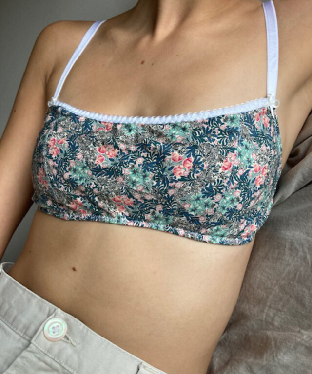 Fleurs Pois & Cie - Soutien-gorge sans armature 100% coton made in France - Rose/vert foncé