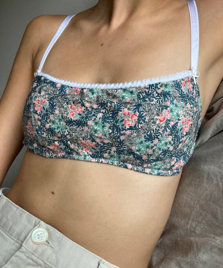 Fleurs Pois & Cie - Soutien-gorge sans armature 100% coton made in France - Rose/vert foncé