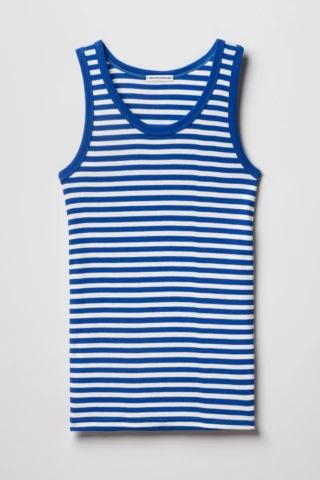 Tricots Marcel - Débardeur Femme Rayé Bleu Ecru en Coton Bio Côtelé