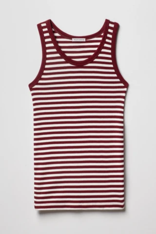 Débardeur Femme Rayé Bordeaux Ecru en Coton Bio Côtelé par la marque Tricots Marcel Tricots Marcel - Débardeur Femme Rayé Bordeaux Ecru en Coton Bio Côtelé