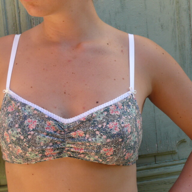 Fleurs Pois & Cie - Soutien-gorge sans armature 100% coton made in France - Rose/vert foncé