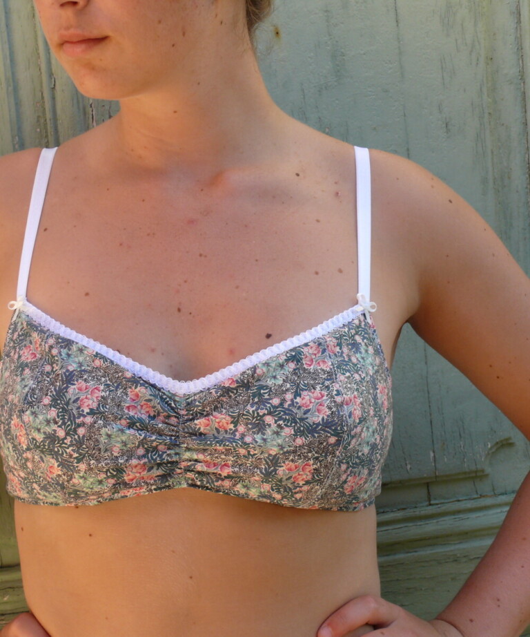 Fleurs Pois & Cie - Soutien-gorge sans armature 100% coton made in France - Rose/vert foncé