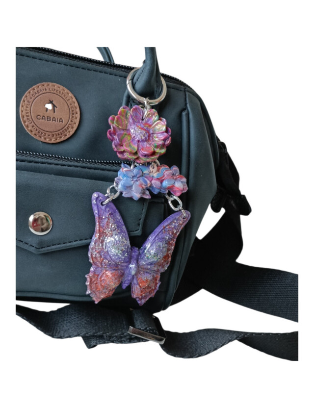 L’atelier de Patricia - Bijoux porte clés sac à main papillon et fleurs Violet