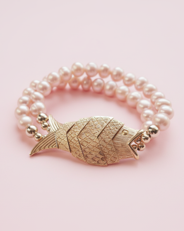 NEIJE - Bracelet Poisson Gefilte Perles de Culture Roses et Or