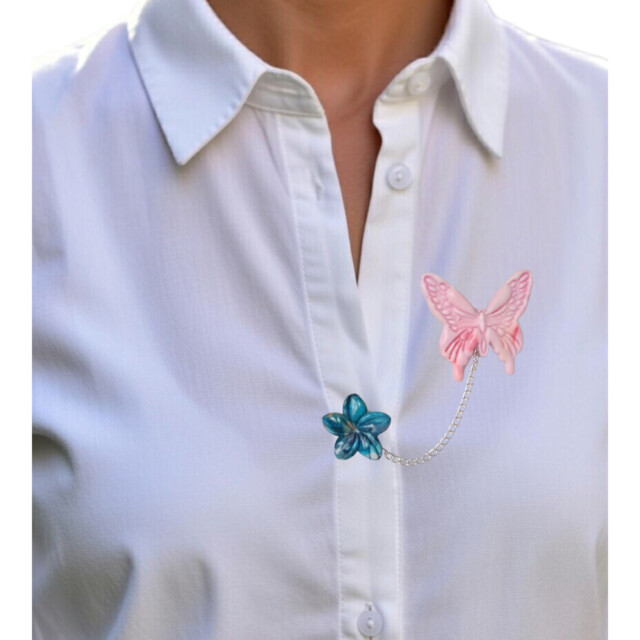 L’Atelier de Patricia - Broche Papillon & Fleur – Rose et bleu