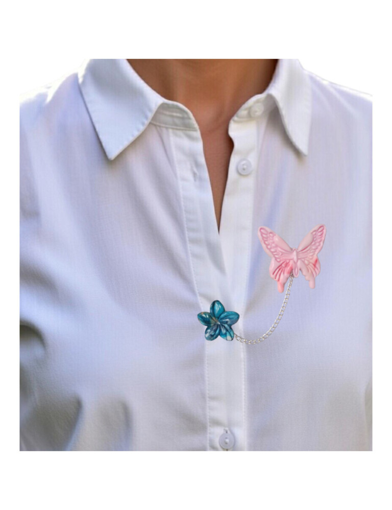 L’Atelier de Patricia - Broche Papillon & Fleur – Rose et bleu