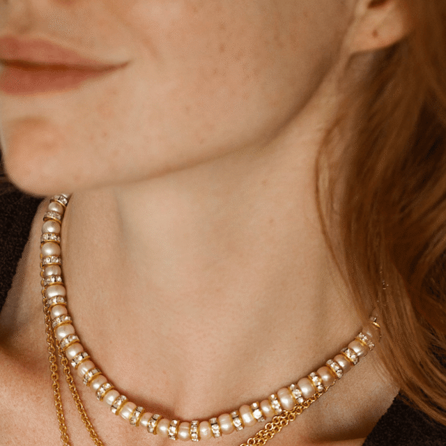 NEIJE - Parure Collier & Bracelet Perles de Culture Roses avec Diamants - Madame Bovary – L (poignet de 17 à 19 cm) / 50 cm + extension de 5 cm