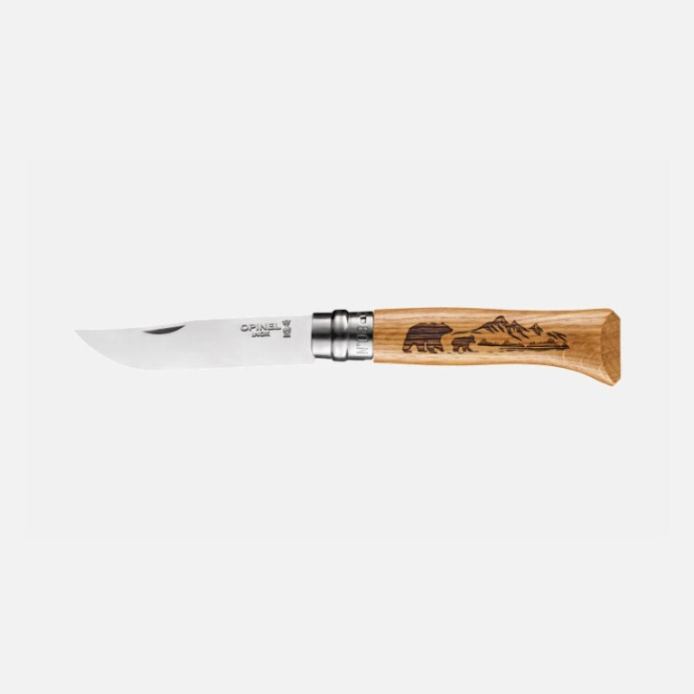 OPINEL - Couteau pliant fermant OPINEL n°8 Tradition gravé Animalia America en chêne Ours