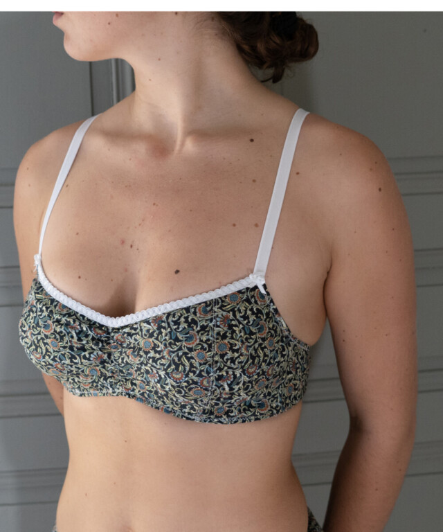 Fleurs Pois & Cie - Soutien-gorge sans armature 100% coton made in France - Bleu/Noir/Doré