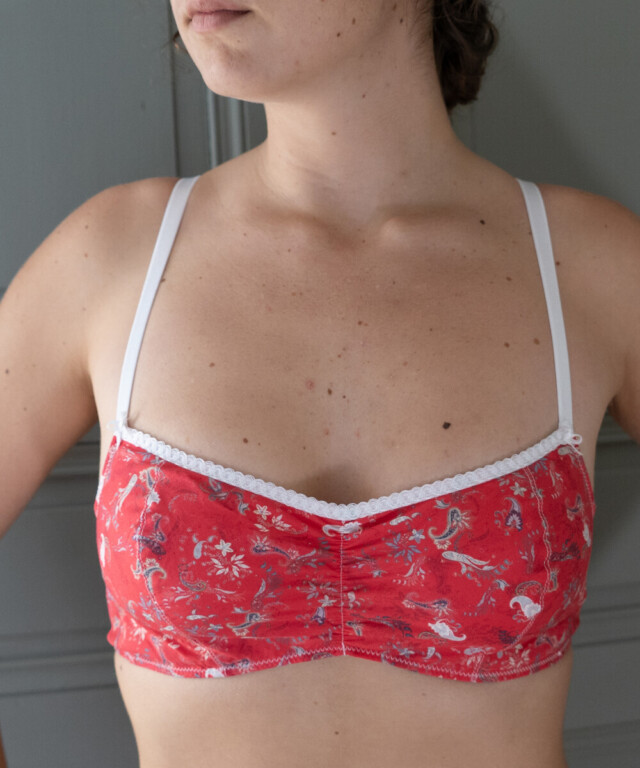 Fleurs Pois & Cie - Soutien-gorge sans armature 100% coton made in France - Rouge/Blanc/Gris