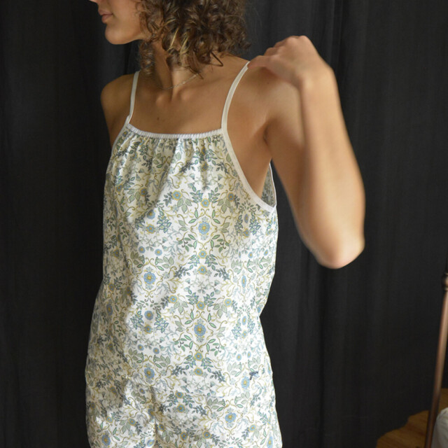 Fleurs Pois & Cie - Caraco femme 100% coton bio de fabrication française - Blanc/vert foncé/vert clair/Bleu ciel