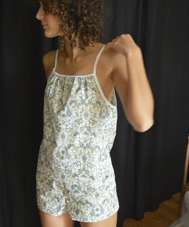 Fleurs Pois & Cie - Caraco femme 100% coton bio de fabrication française - Blanc/vert foncé/vert clair/Bleu ciel