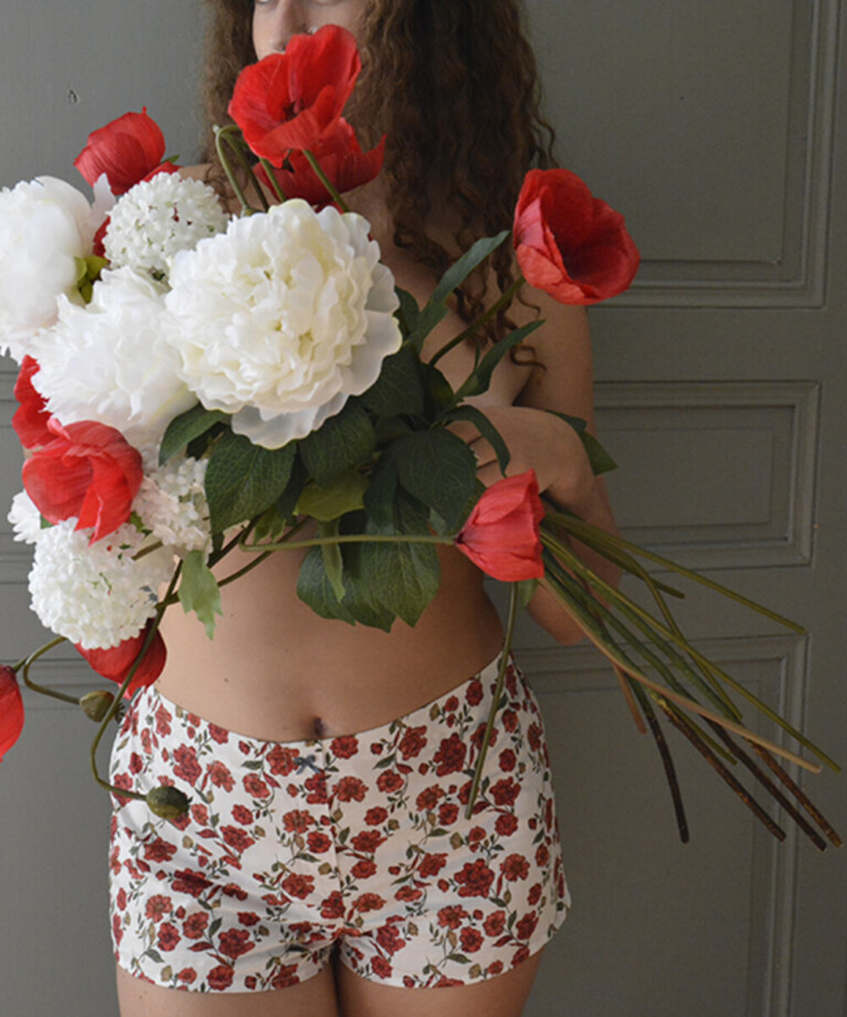 Fleurs Pois & Cie - Shorty 100% coton made in France - Rouge/Blanc/vert foncé/vert clair