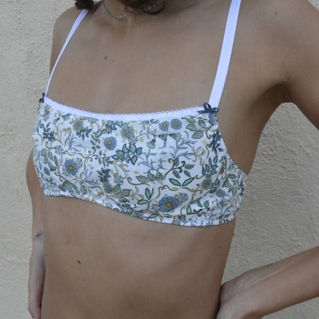 Fleurs Pois & Cie - Soutien-gorge sans armature 100% coton made in France - Blanc/vert foncé/vert clair/Bleu ciel