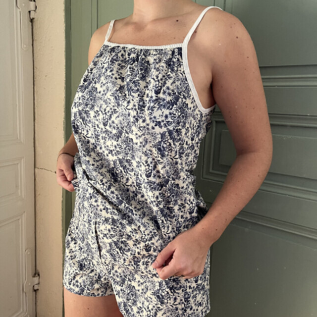 Fleurs Pois & Cie - Caraco femme 100% coton bio de fabrication française - Bleu/Blanc