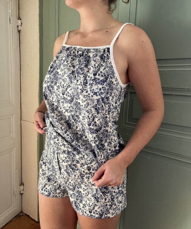 Fleurs Pois & Cie - Caraco femme 100% coton bio de fabrication française - Bleu/Blanc