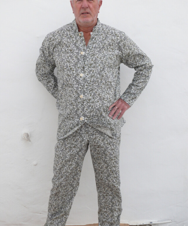 Fleurs Pois & Cie - Pyjama homme 100% coton fabriqué en France - Blanc/vert foncé/Bleu ciel