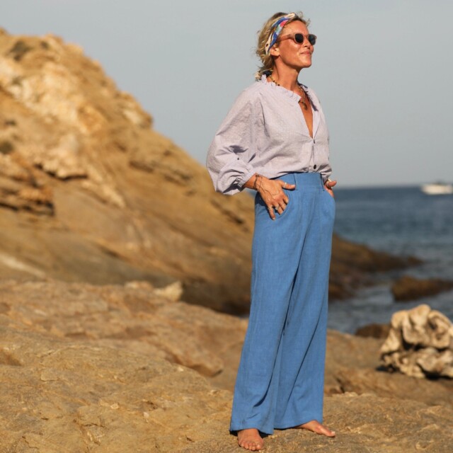 Quintessence - Pantalon Tom - lin stone washed bleu azur