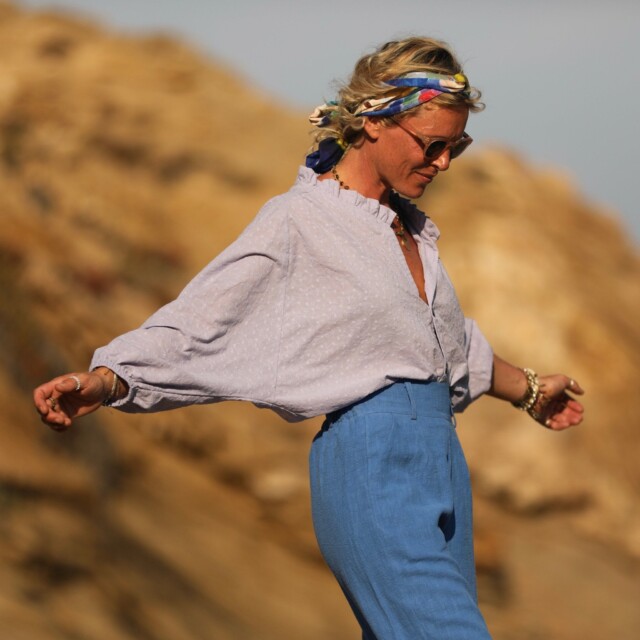 Quintessence - Pantalon Tom - lin stone washed bleu azur