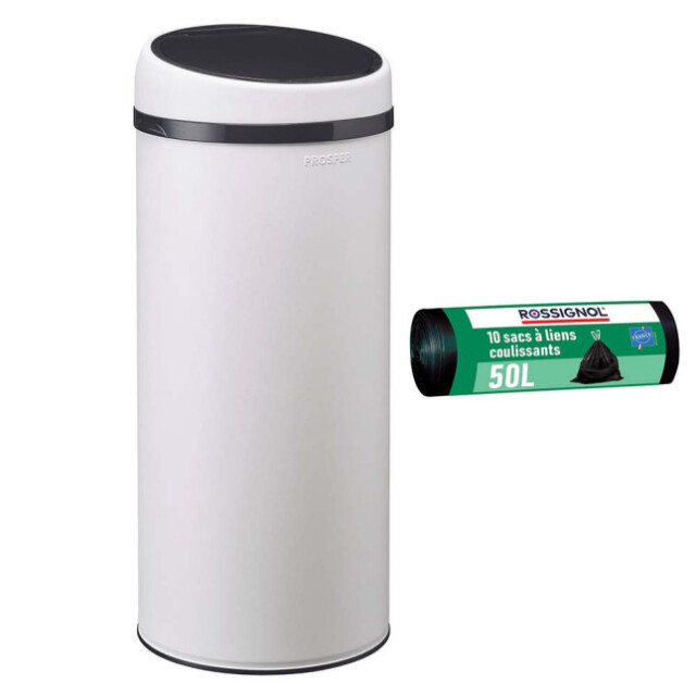 Prosper la poubelle française - Poubelle à ouverture manuelle 45L et 10 sacs poubelle 50L Blanc Coton