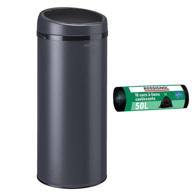Prosper la poubelle française - Poubelle à ouverture manuelle 45L et 10 sacs poubelle 50L Gris