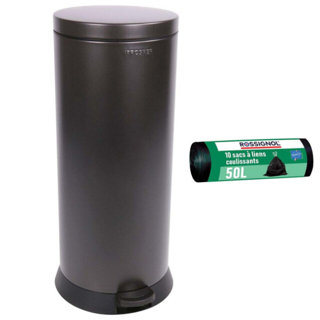 Prosper la poubelle française - Poubelle cuisine à pédale 30L et 10 sacs poubelle 50L Noir Basalte