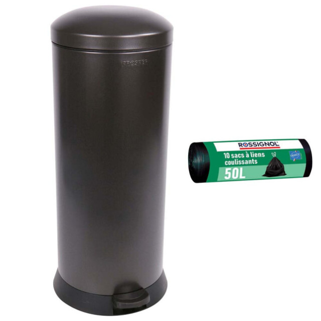 Prosper la poubelle française - Poubelle cuisine à pédale 30L et 10 sacs poubelle 50L Noir Basalte