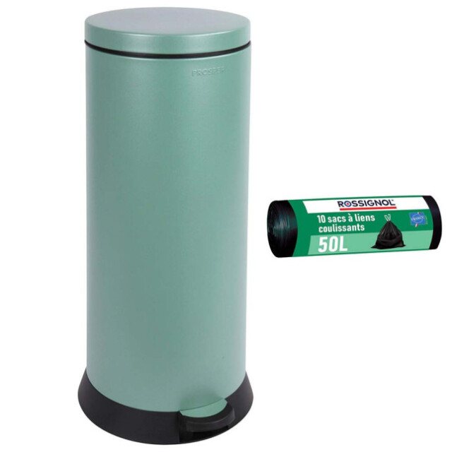 Prosper la poubelle française - Poubelle cuisine à pédale 30L et 10 sacs poubelle 50L Vert Natura