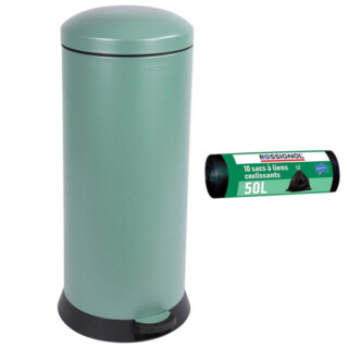 Prosper la poubelle française - Poubelle cuisine à pédale 30L et 10 sacs poubelle 50L Vert Natura