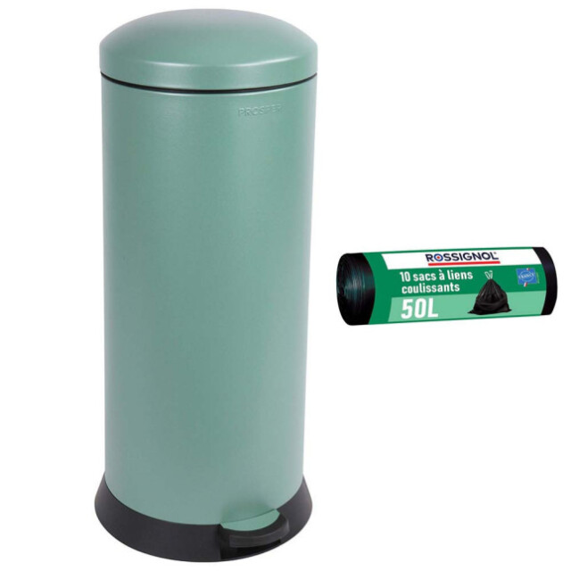 Prosper la poubelle française - Poubelle cuisine à pédale 30L et 10 sacs poubelle 50L Vert Natura