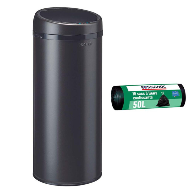 Prosper la poubelle française - Poubelle cuisine automatique 45L et 10 sacs poubelle 50L Noir Basalte