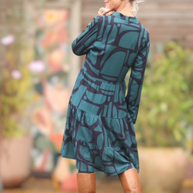 Quintessence - Robe Bella - viscose graphique émeraude/marine