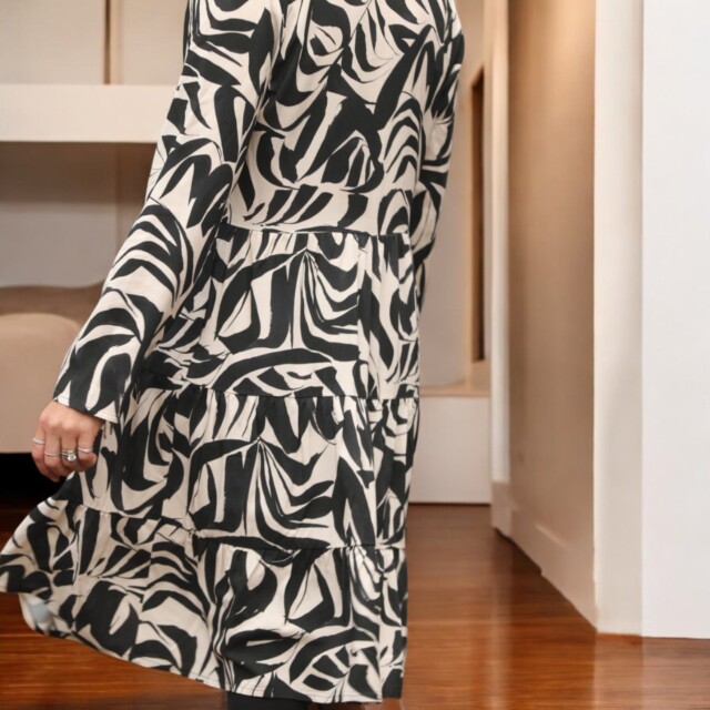 Quintessence - Robe Bella - viscose graphique noir/ivoire