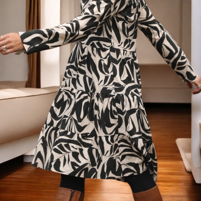 Quintessence - Robe Bella - viscose graphique noir/ivoire