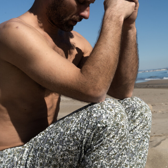 Fleurs Pois & Cie - Pantalon Pyjama homme et/ ou de ville - Blanc/vert foncé/Bleu ciel