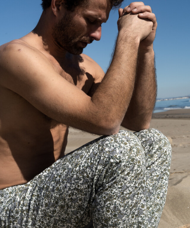 Fleurs Pois & Cie - Pantalon Pyjama homme et/ ou de ville - Blanc/vert foncé/Bleu ciel