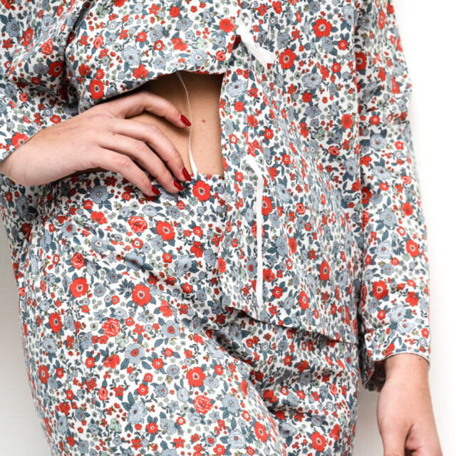 Fleurs Pois & Cie - Pyjama femme en 100% coton fait en France. - Rouge/Bleu/vert clair/Gris