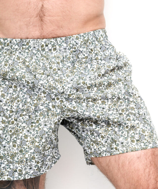 Fleurs Pois et Cie - Caleçon 100% coton coupe américaine  made in France. – Blanc/vert foncé/Bleu ciel