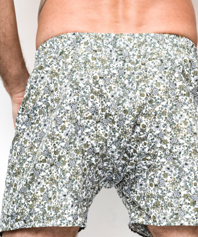 Fleurs Pois & Cie - Caleçon 100% coton coupe américaine  made in France. - Blanc/vert foncé/Bleu ciel