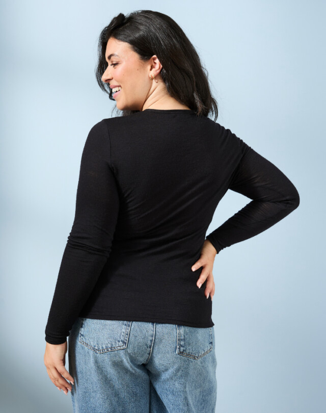 Lemahieu - T-shirt manches longues col rond Laine Mérinos - Noir - Femme