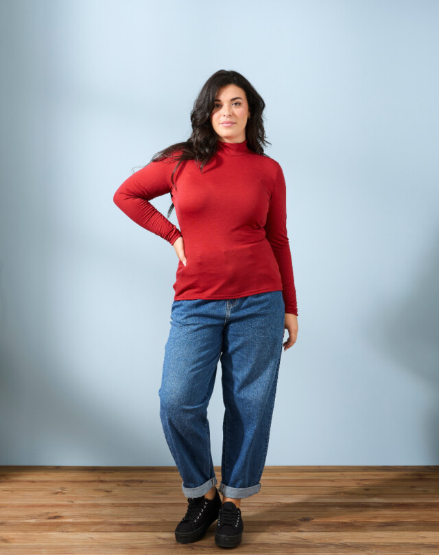 Lemahieu - T-shirt ML col montant Laine Mérinos - Magma - Femme