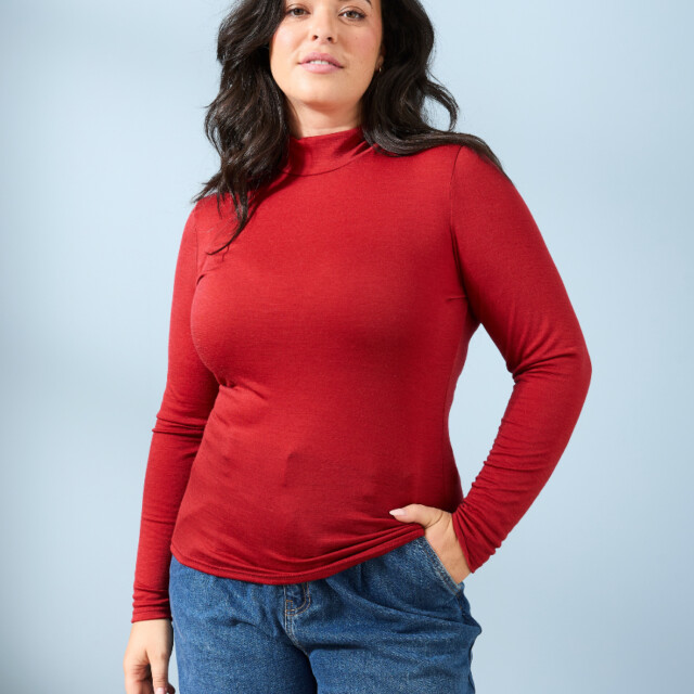 Lemahieu - T-shirt ML col montant Laine Mérinos - Magma - Femme