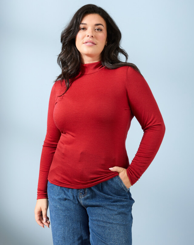 Lemahieu - T-shirt ML col montant Laine Mérinos - Magma - Femme