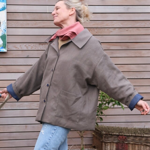 Quintessence - Veste Kaï en lin chocolat